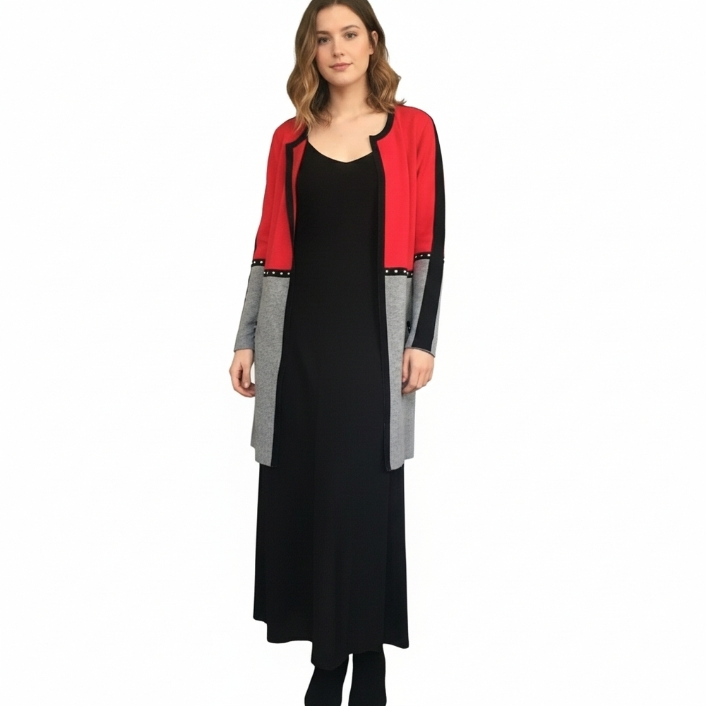 Elena‎ Wang Women M/M Red Black Gray Colorblock Studded Open Front Cardigan